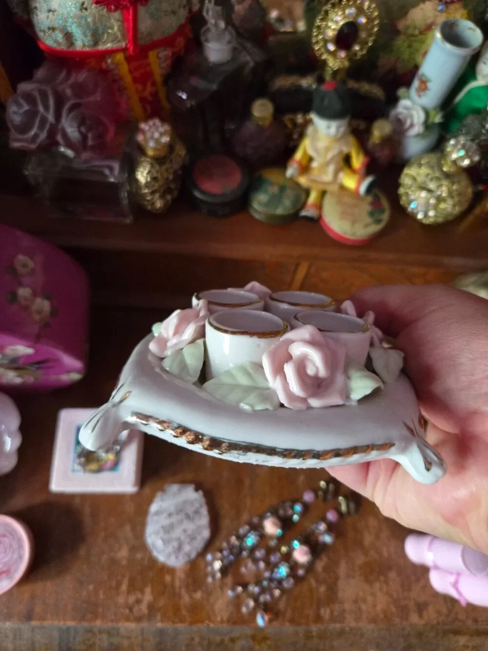 Vintage Porcelain White and Pink Rose Lipstick Holder Romantic Cottagecore